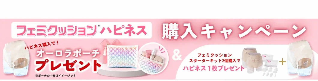 フェミクッションハピネス購入キャンペーン：ハピネス購入でオーロラポーチプレゼント／フェミクッション スターターキット2個購入でハピネス1枚プレゼント
